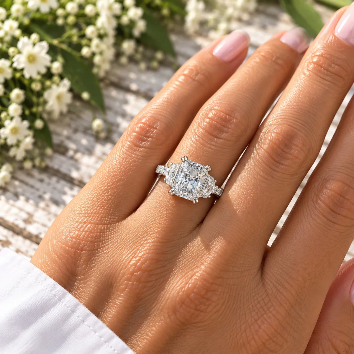 Bel Viaggio Designs lab diamond radiant and cadillac three stone ring on a hand