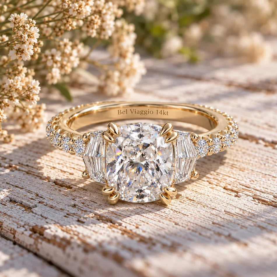 Bel Viaggio Designs lab diamond cushion cut three stone ring in 14kt gold on rustic wood