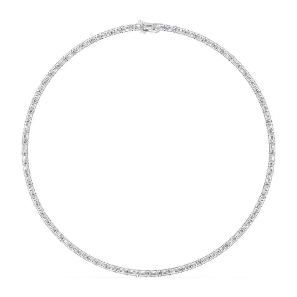 Elegant emerald cut diamond tennis necklace in white gold, perfect for custom engagement or bespoke jewelry designs.