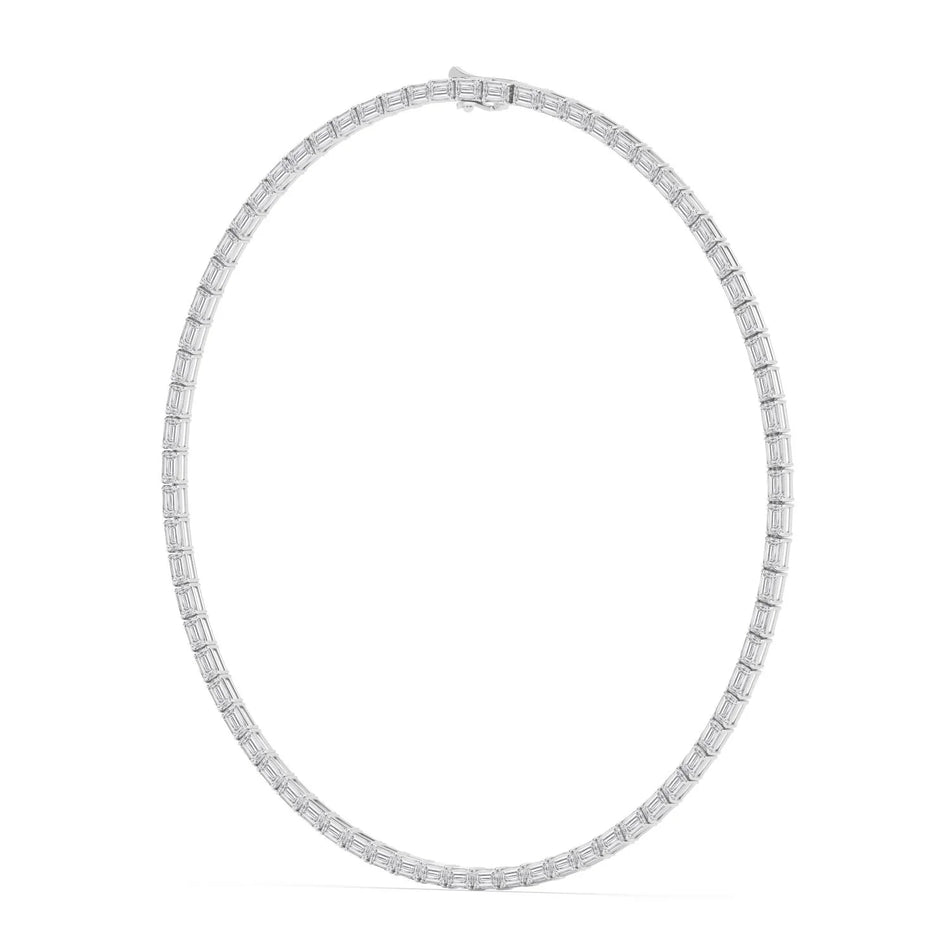 Elegant emerald-cut diamond tennis necklace in white gold, perfect for luxury jewelry collections