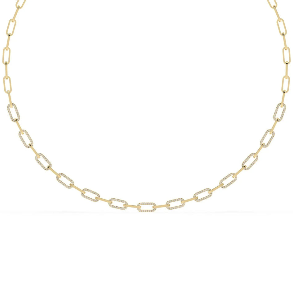 Elegant gold chain necklace with diamond-encrusted links, perfect for custom jewelry designs.