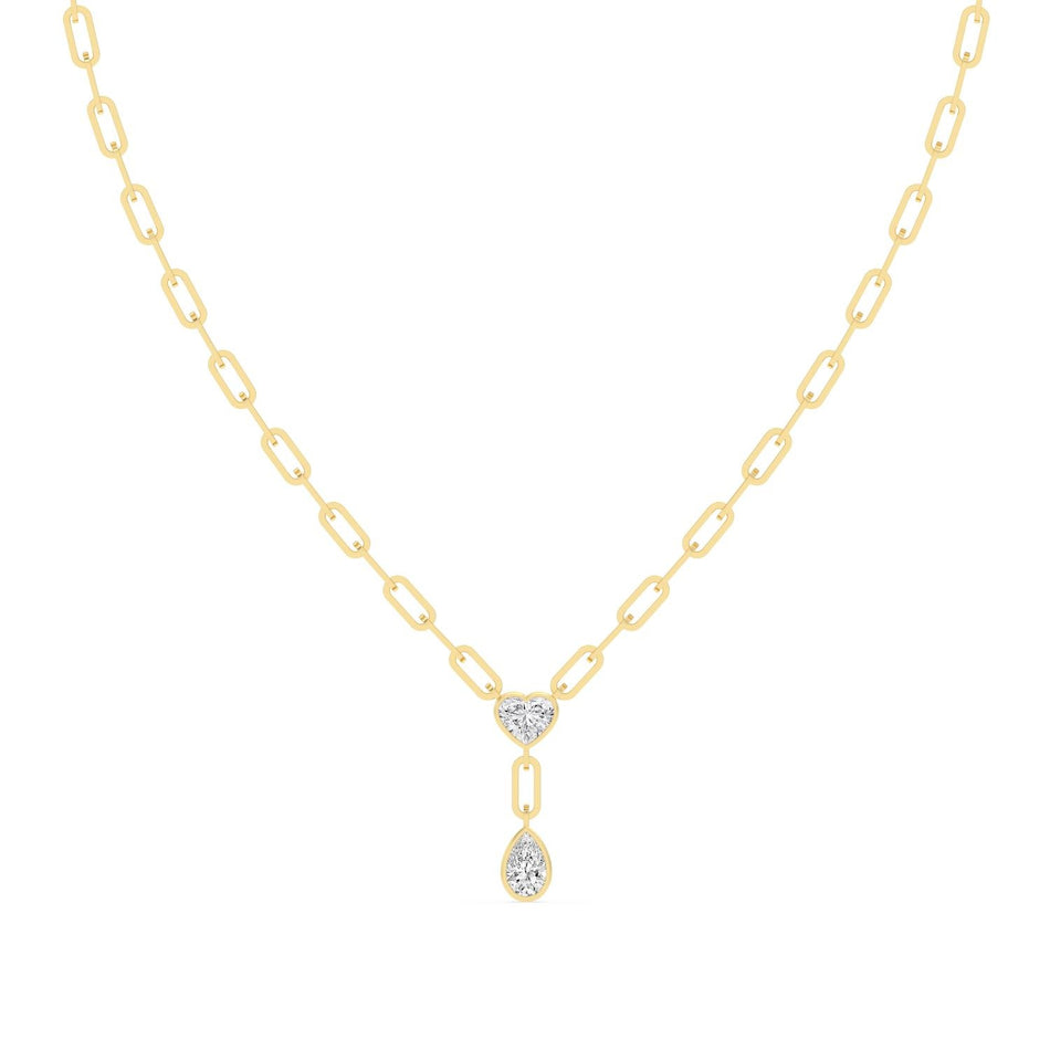 Gold necklace with heart and teardrop diamond pendants, elegant custom jewelry design