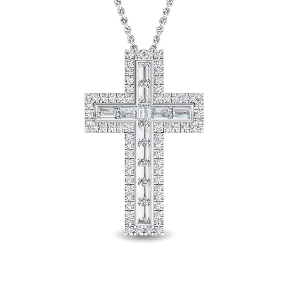 Elegant diamond cross pendant necklace with baguette and round stones, perfect for custom jewelry designs