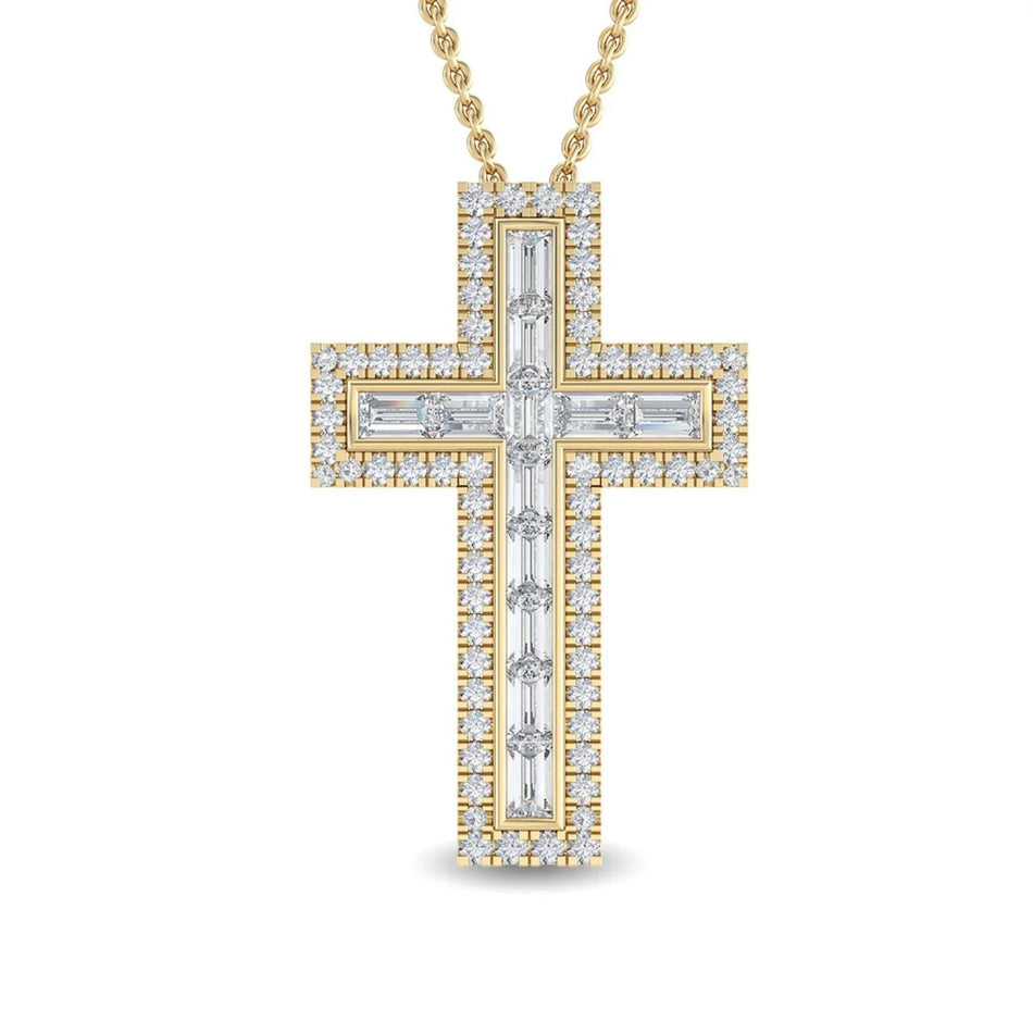 Elegant gold cross pendant with baguette and round diamonds, perfect for custom jewelry designs.