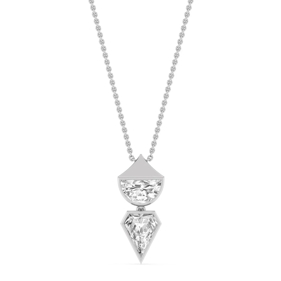 Elegant diamond pendant necklace with geometric design, featuring a half-moon and trillion-cut stone on a delicate chain.