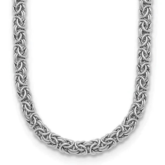 Close-up of a silver Byzantine style woven chain necklace