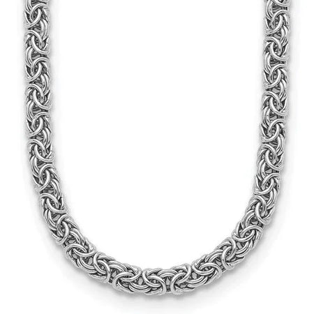 Close-up of a silver Byzantine style woven chain necklace