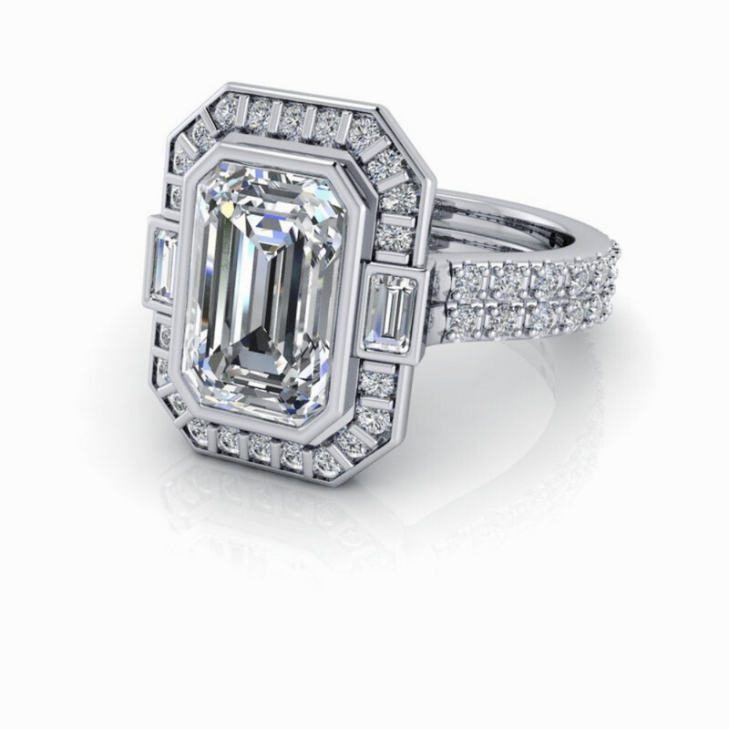 Lab Grown Diamond Engagement Ring Emerald Cut Vintage Style