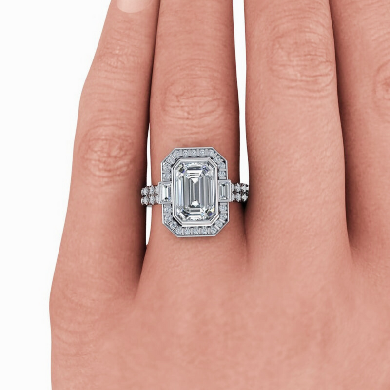 Lab Grown Diamond Engagement Ring Emerald Cut Vintage Style