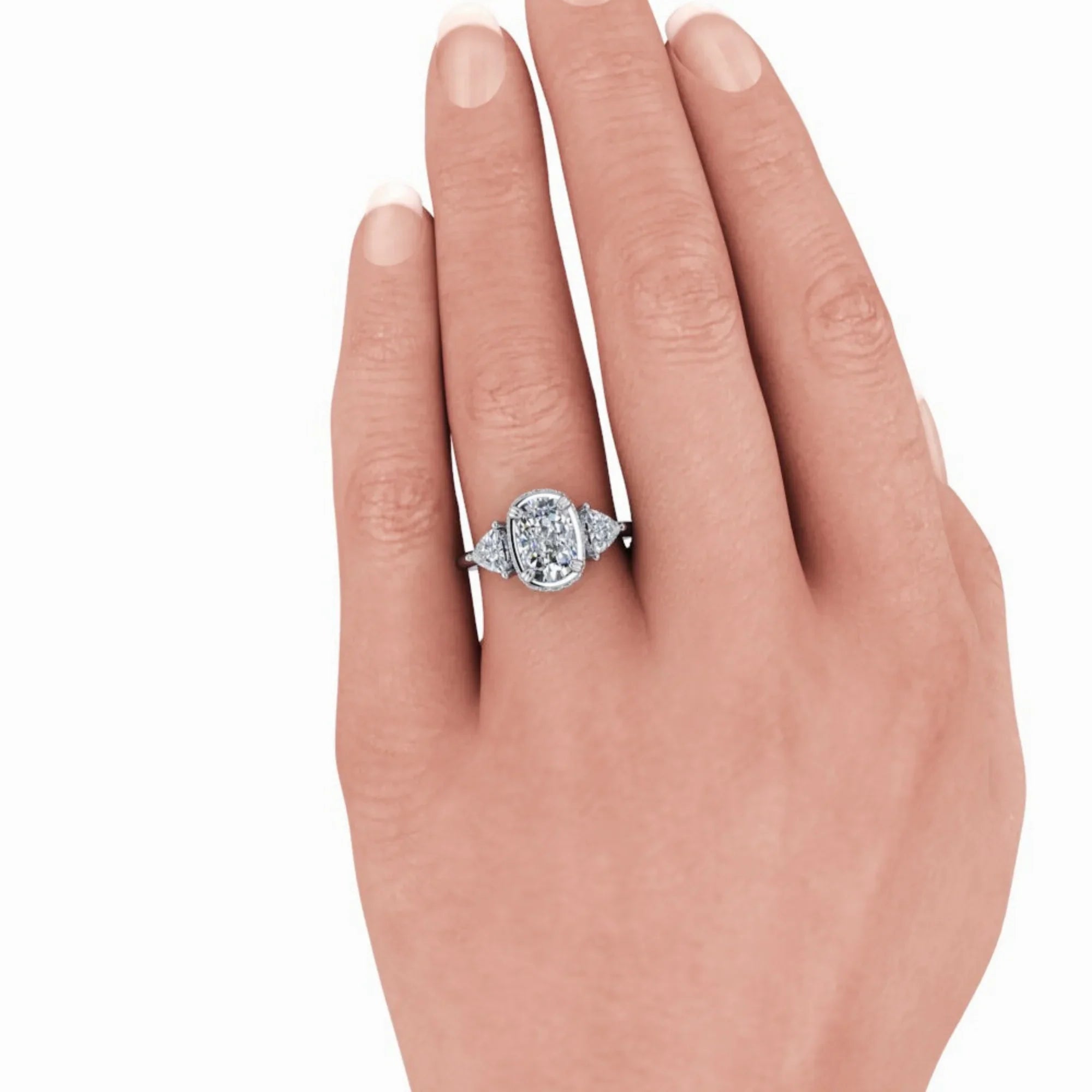 Custom diamond engagement ring with side stones on hand, made-to-order jewelry