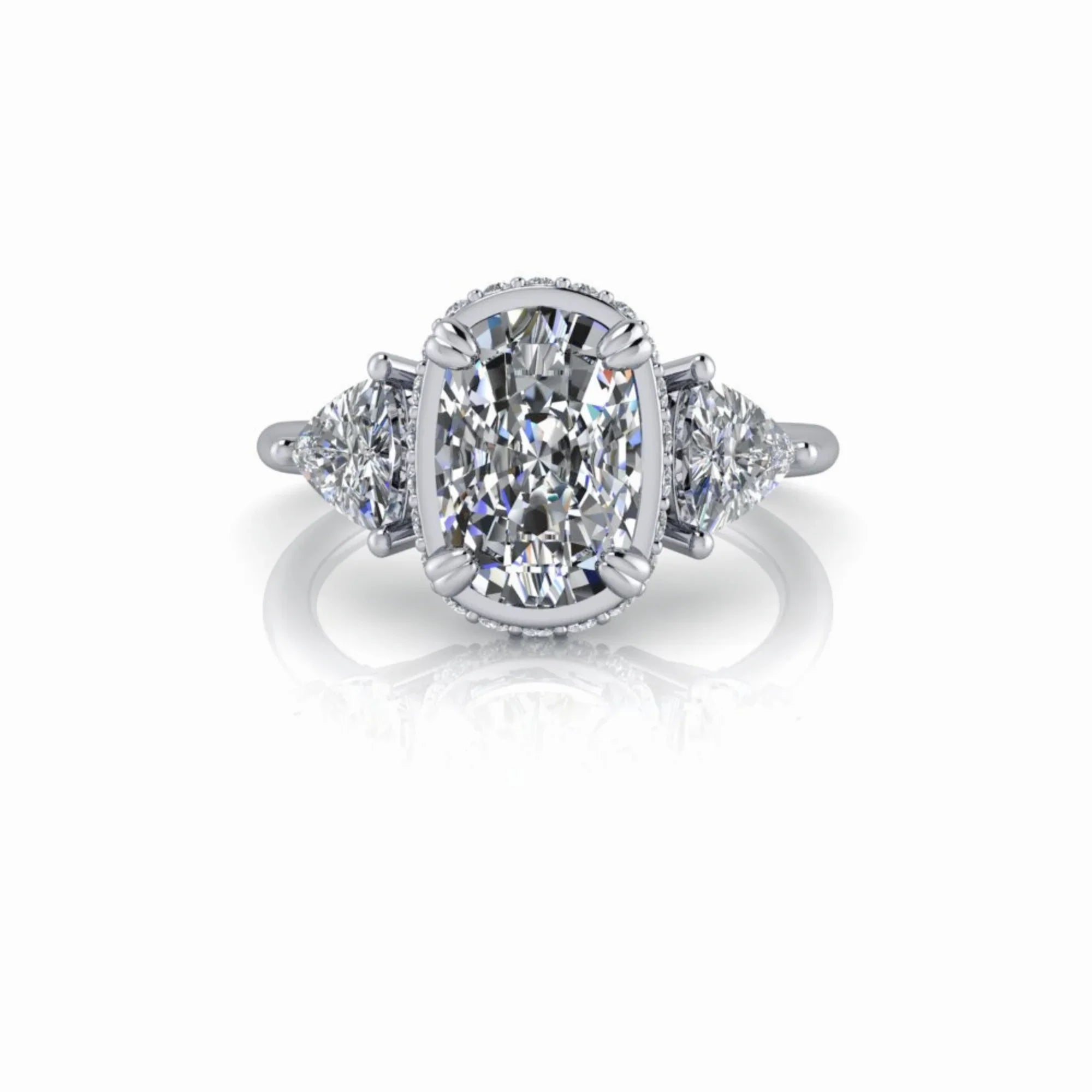 Oval cut diamond engagement ring with side stones on white gold band
