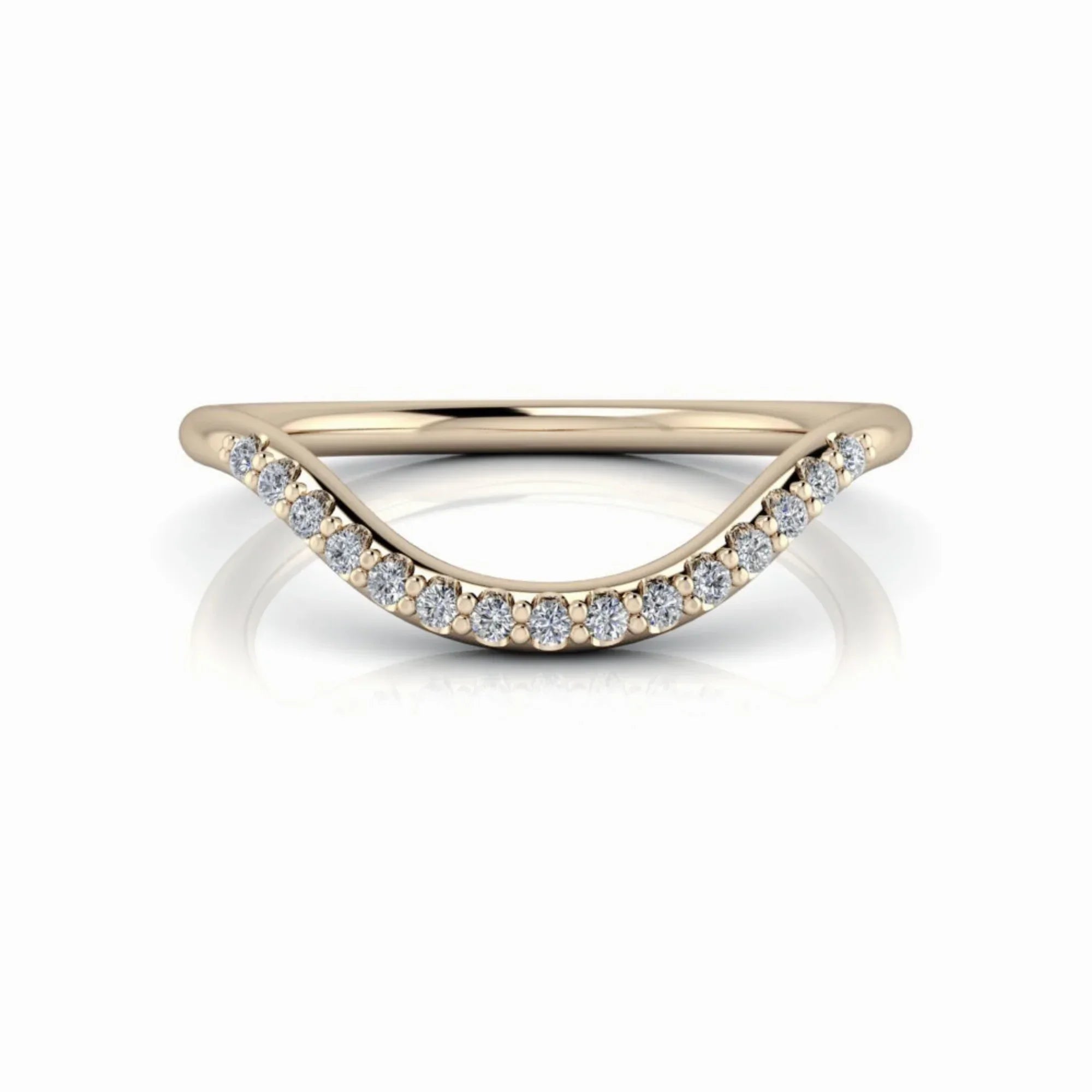 Curved gold band with pavé diamonds, custom stacking wedding or engagement ring