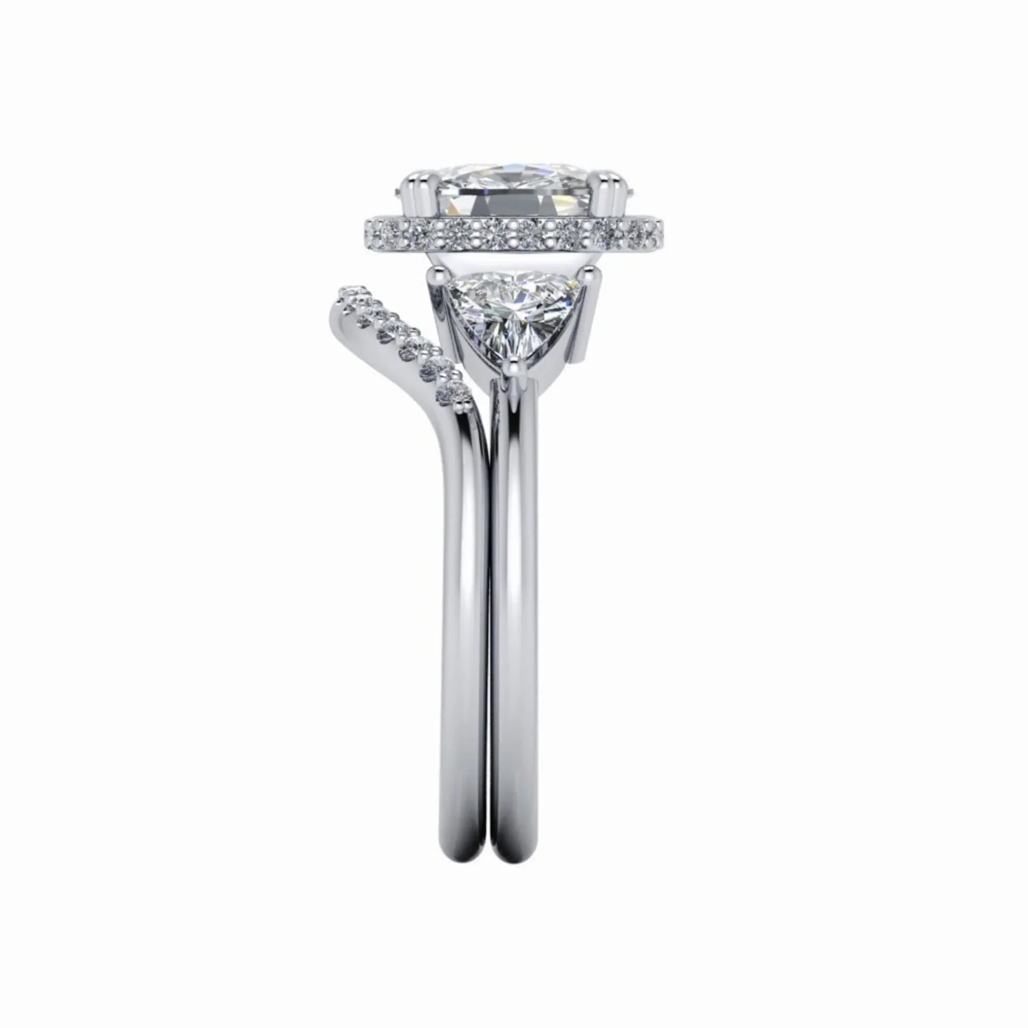 Custom diamond engagement ring set with pavé wedding band, white gold side view