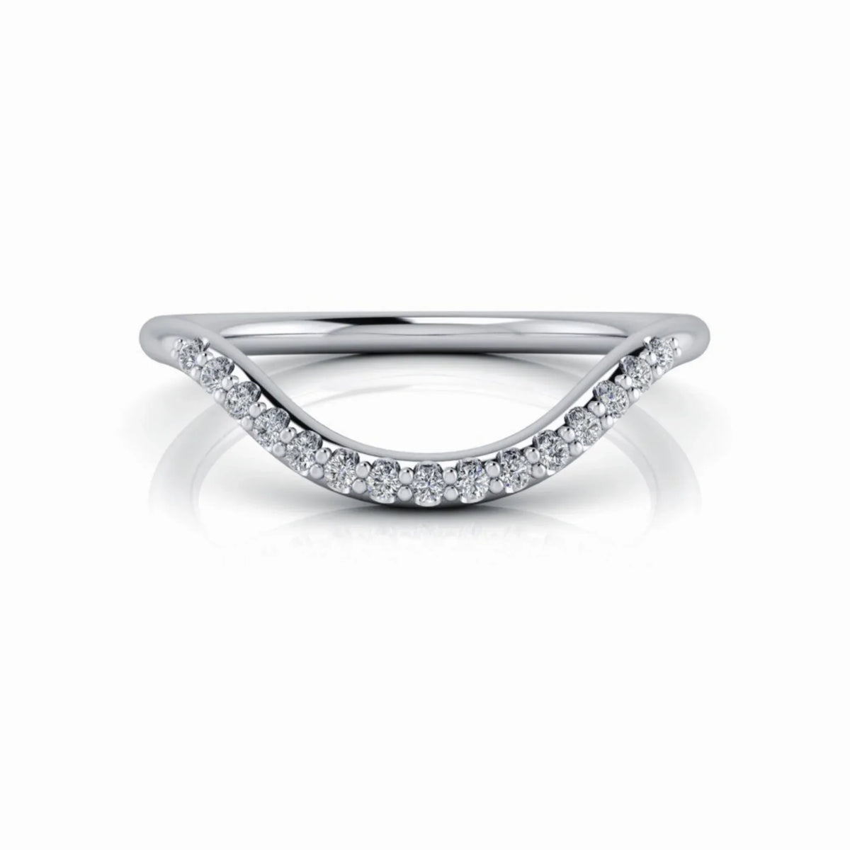 White gold chevron shaped diamond wedding band with pavé setting on white background