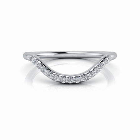 White gold chevron shaped diamond wedding band with pavé setting on white background