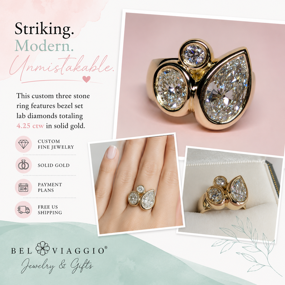 Modern Three Stone Ring, Bezel Set Lab Diamond 4.25 ctw