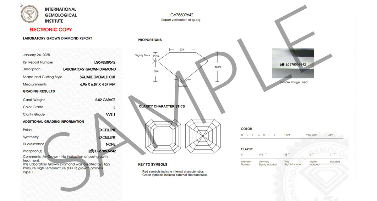 IGI lab grown diamond certificate showing square emerald cut, 2.02 carat, E color, VVS1 clarity