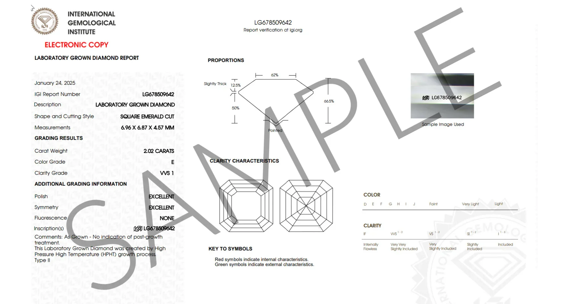 IGI lab grown diamond certificate showing square emerald cut, 2.02 carat, E color, VVS1 clarity
