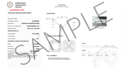IGI lab grown diamond certificate showing square emerald cut, 2.02 carat, E color, VVS1 clarity