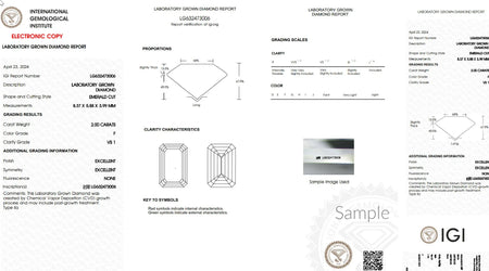 Lab report for a 2 carat emerald cut lab-grown diamond, F color, VS1 clarity