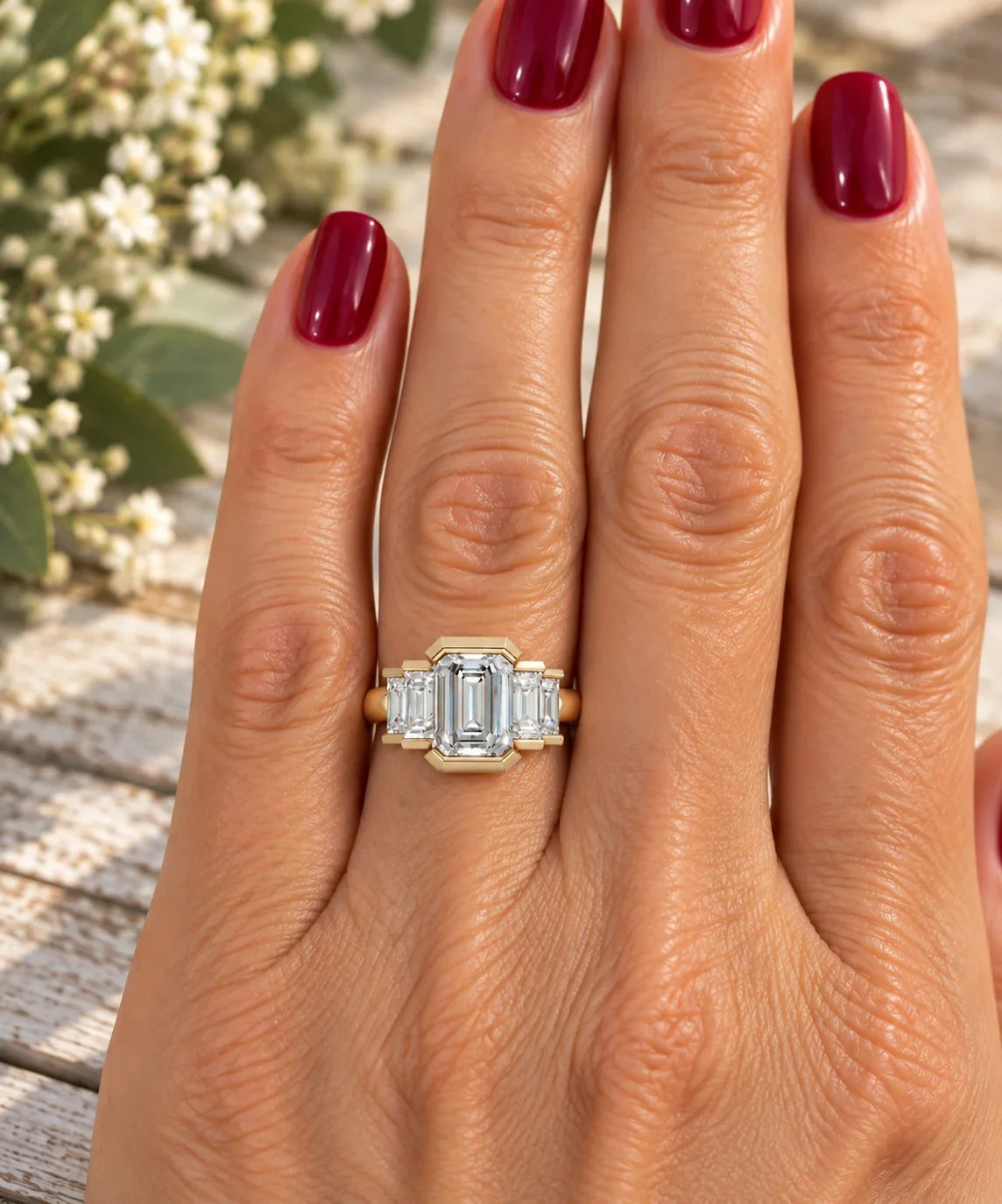 Modern five stone emerald cut lab diamond ring by Bel Viaggio Designs on a hand