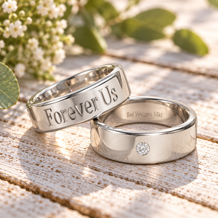 Two custom silver wedding bands on rustic wood, one engraved 'Forever Us' and one with a diamond.