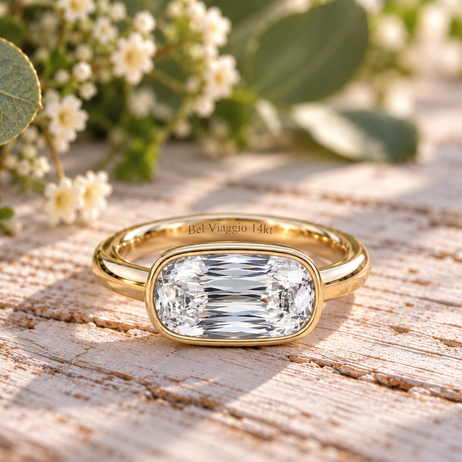 Cushion Cut Lab Diamond Engagement Ring Bezel Set East to West 2.50 CTW