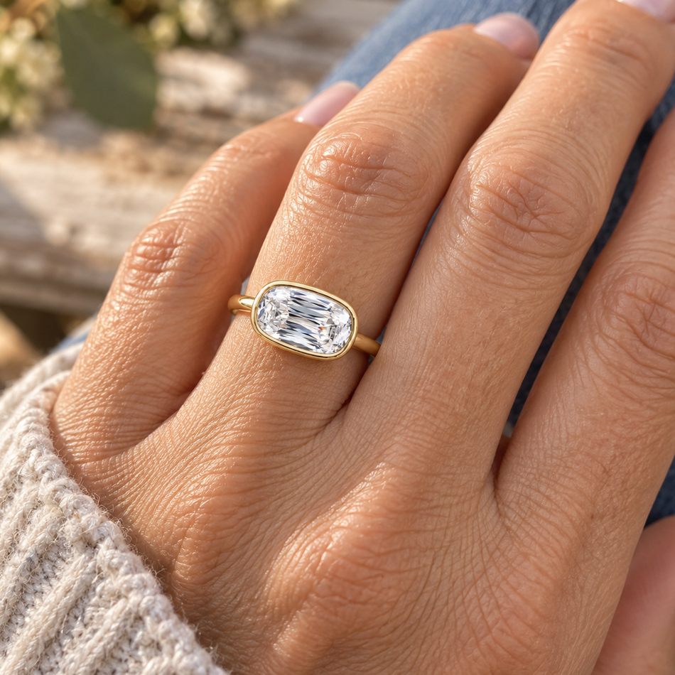 Cushion Cut Lab Diamond Engagement Ring Bezel Set East to West 2.50 CTW