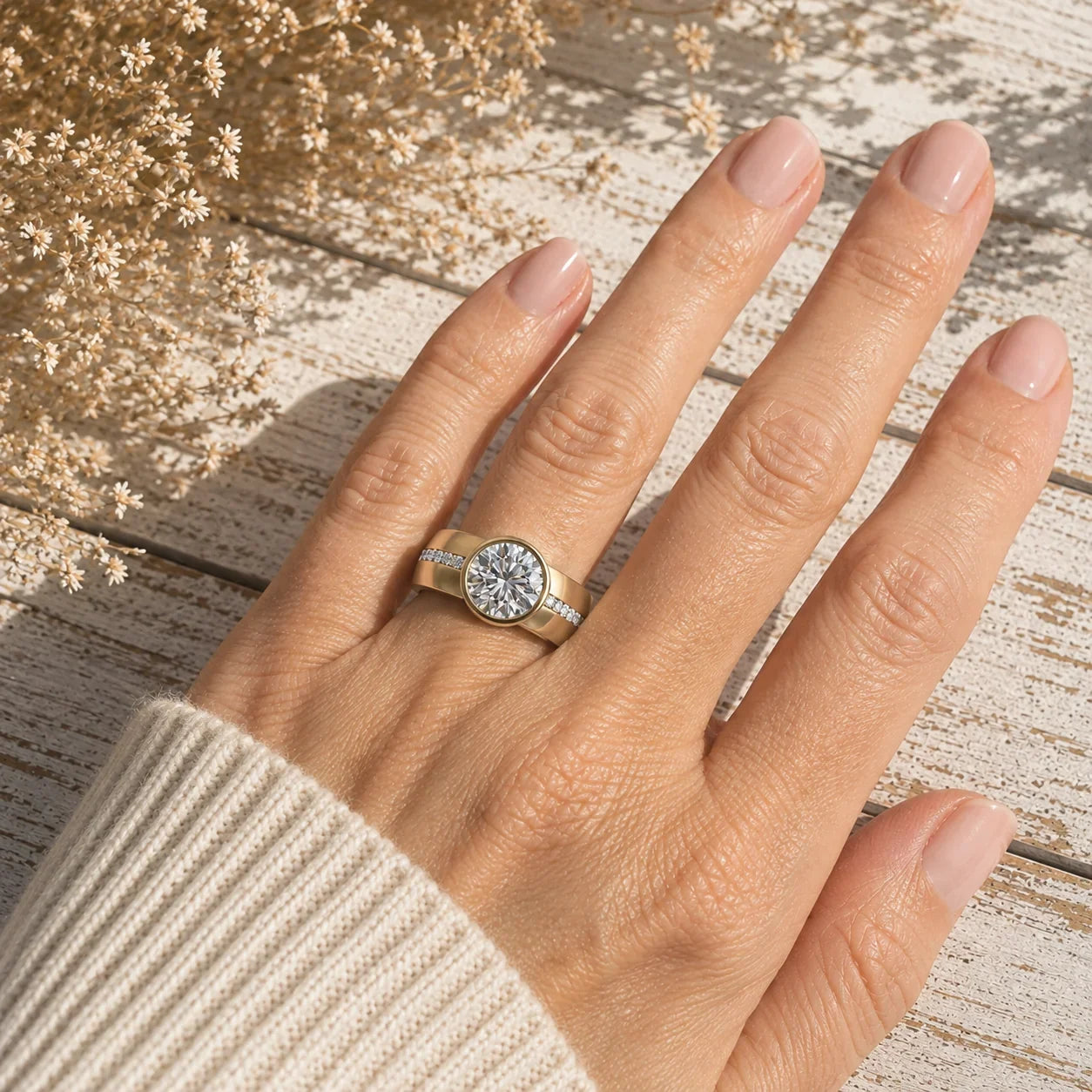 Woman wearing a custom yellow gold bezel-set diamond engagement ring with side accents.