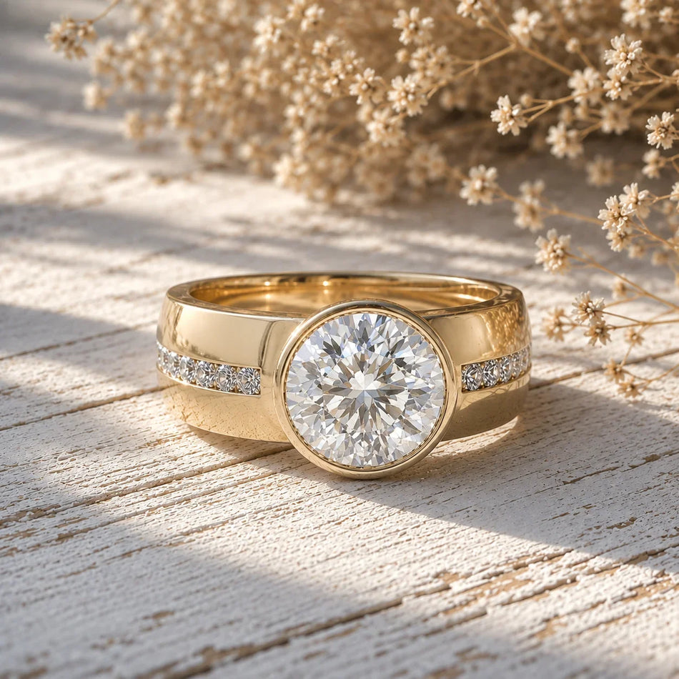 Yellow gold engagement ring with a round brilliant diamond and side accents on a rustic wood surface.