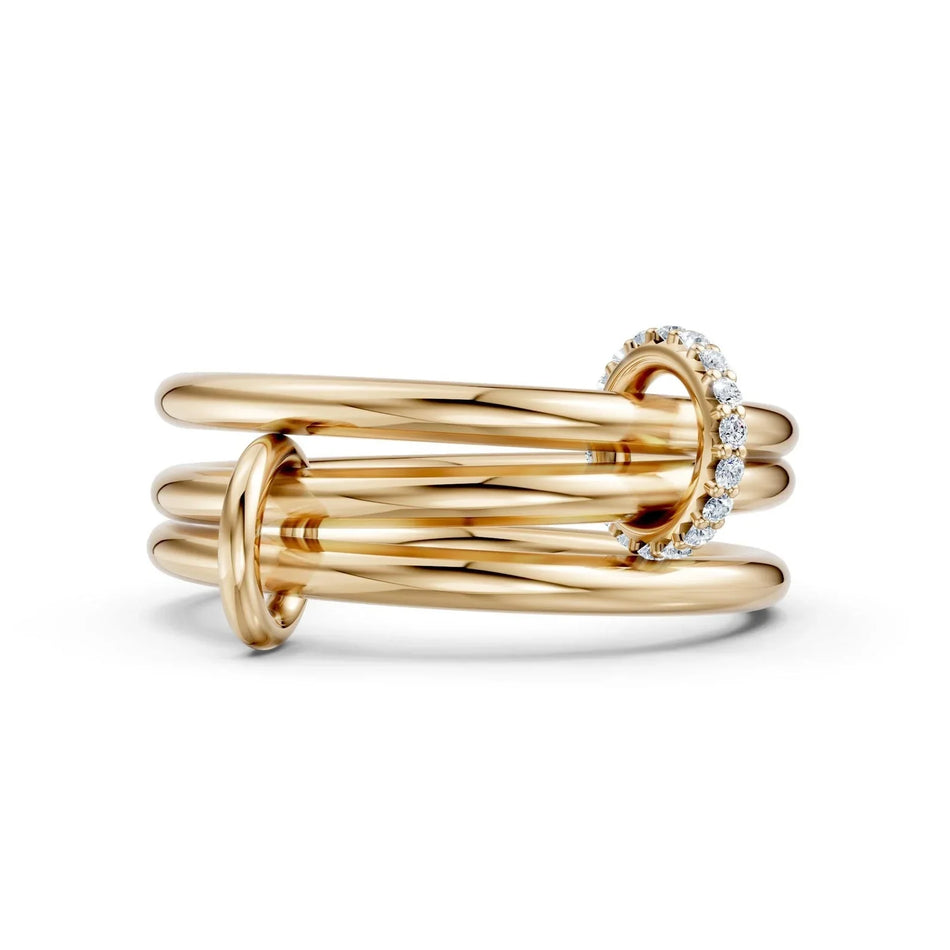Elegant gold engagement ring with diamond accents and intertwined bands
