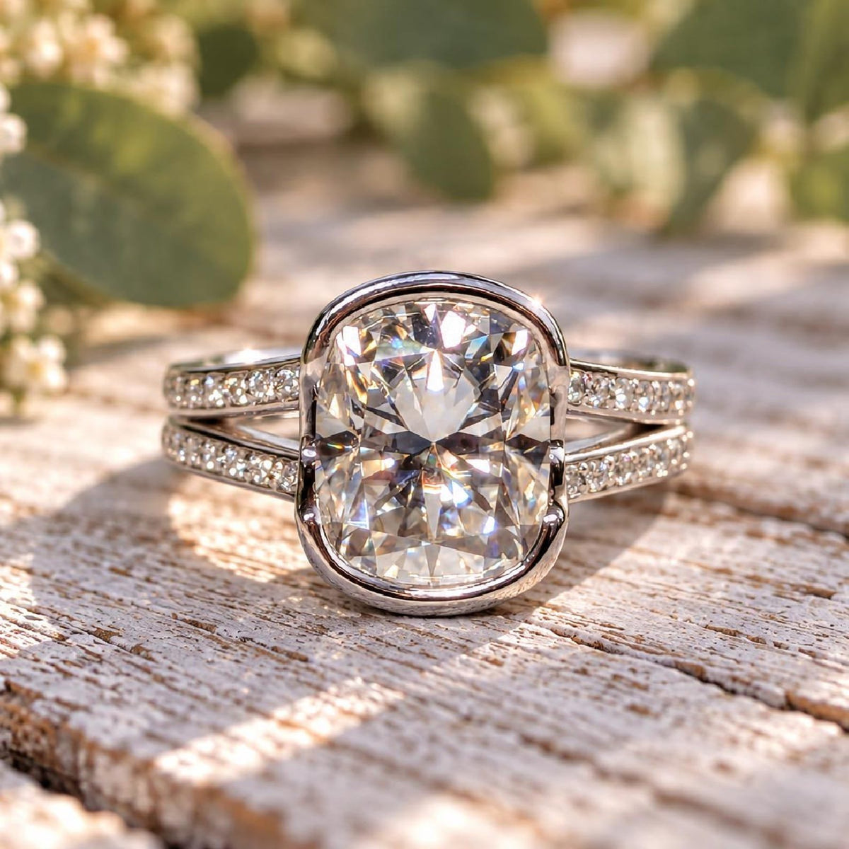 Cushion cut moissanite engagement ring by Bel Viaggio Designs with a diamond-accented band