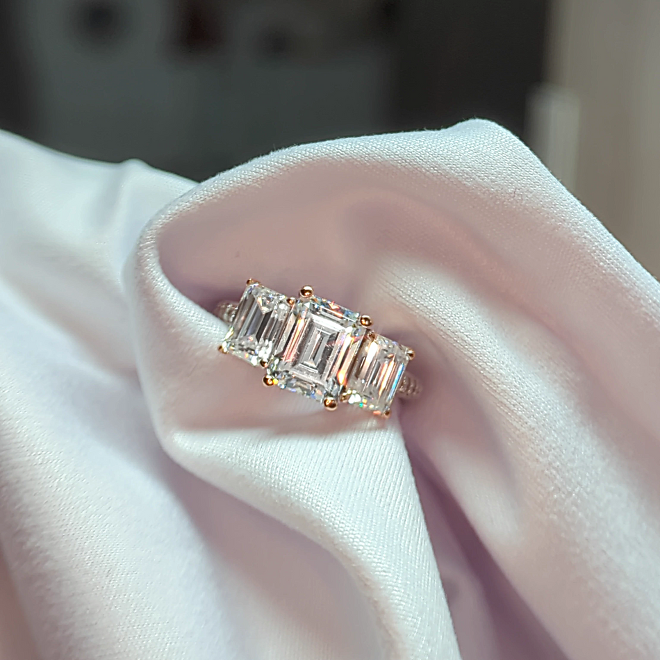 Three Stone Anniversary Ring, Emerald Cut Lab Diamond 4ctw
