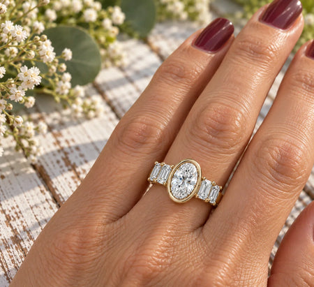 Bel Viaggio Designs oval lab diamond anniversary ring with baguette side stones on a hand