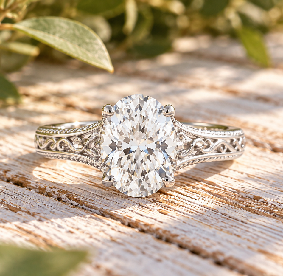 Ornate Solitaire Oval Engagement Ring 2.25 ctw