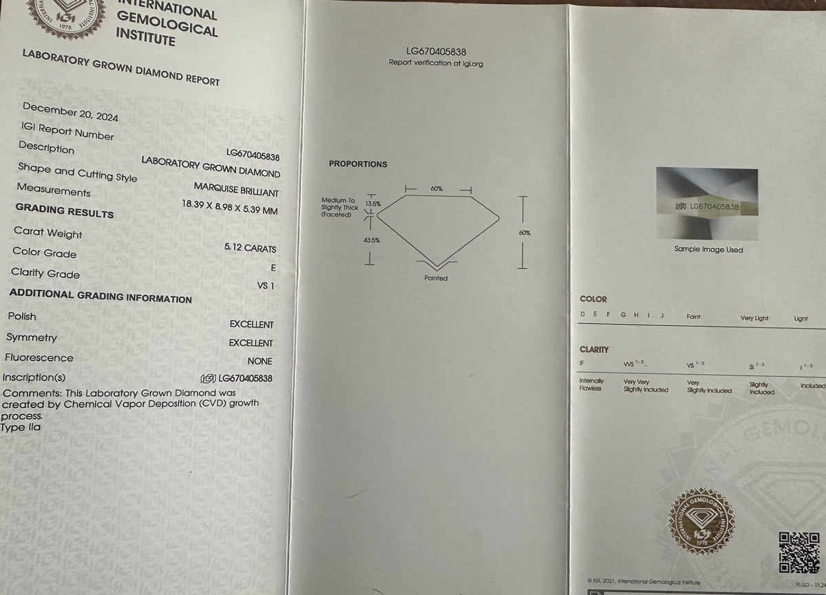 Laboratory grown diamond certificate for marquise brilliant, 5.12 carats, VS1 clarity, E color
