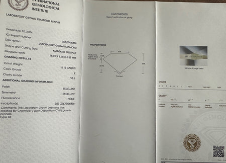 Laboratory grown diamond certificate for marquise brilliant, 5.12 carats, VS1 clarity, E color