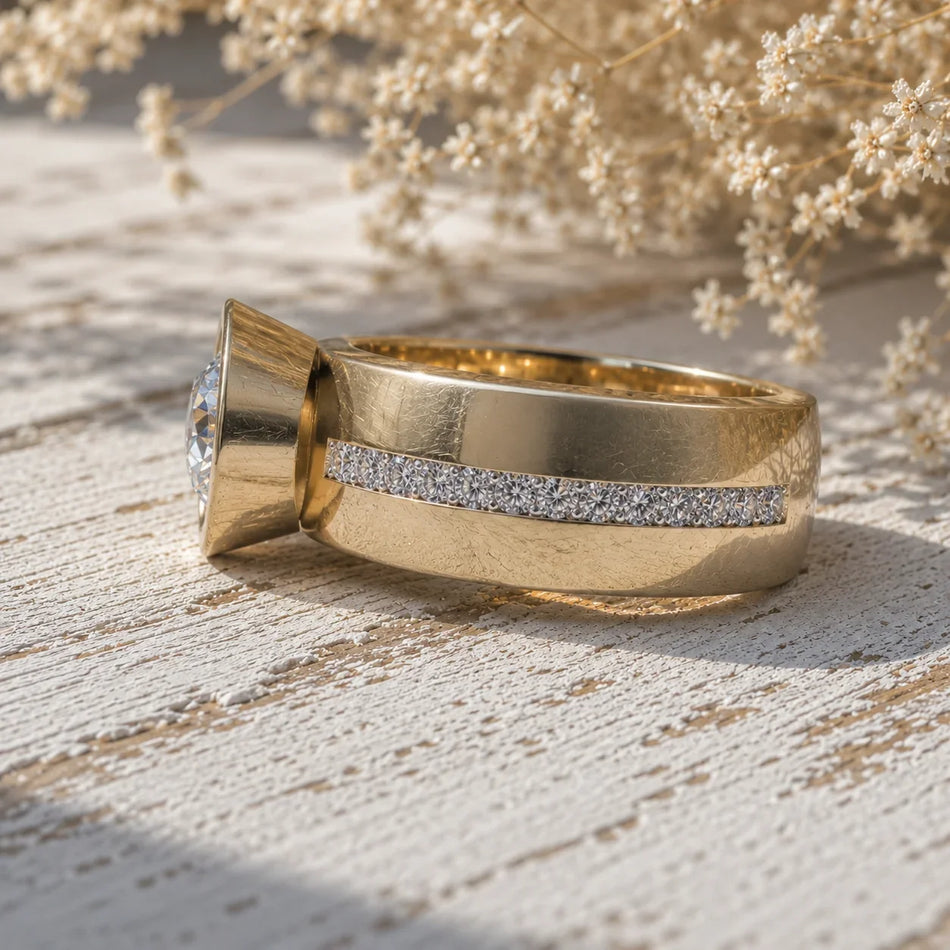 Custom gold engagement ring with a diamond center stone and diamond-accented band.