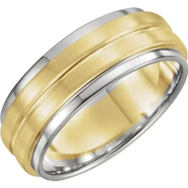 7.5mm men's wedding band, yellow gold with beveled white gold edges, polished finish