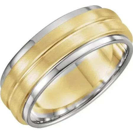 7.5mm men's wedding band, yellow gold with beveled white gold edges, polished finish