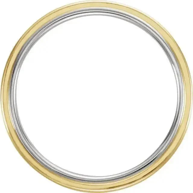Men's 7.5mm two-tone gold and white wedding band, flat profile, on white background