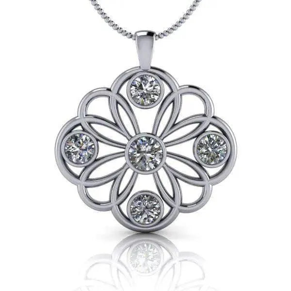 Ornate diamond pendant necklace with floral openwork design in white metal setting