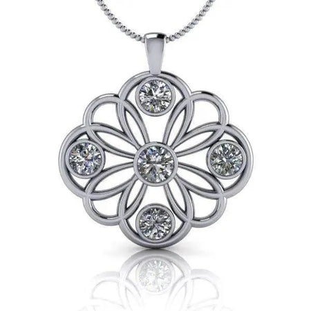 Ornate diamond pendant necklace with floral openwork design in white metal setting