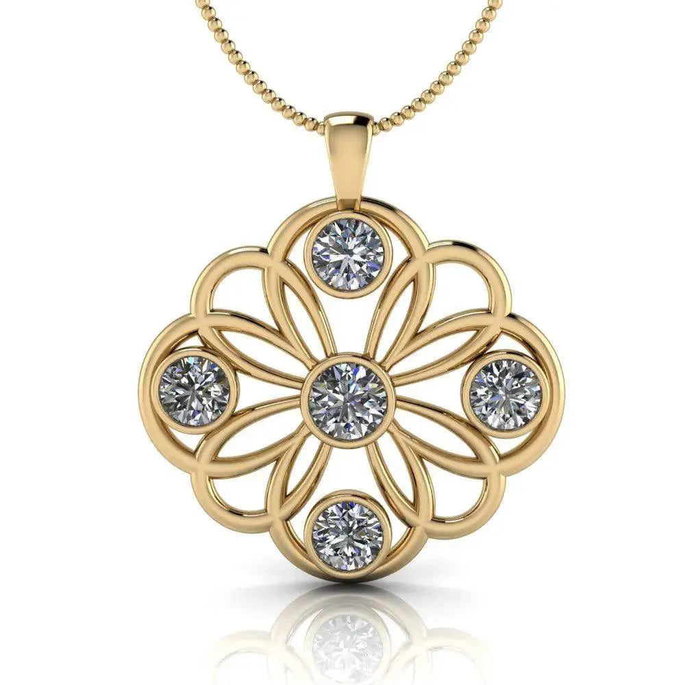 Gold pendant necklace with openwork floral design and five round diamonds