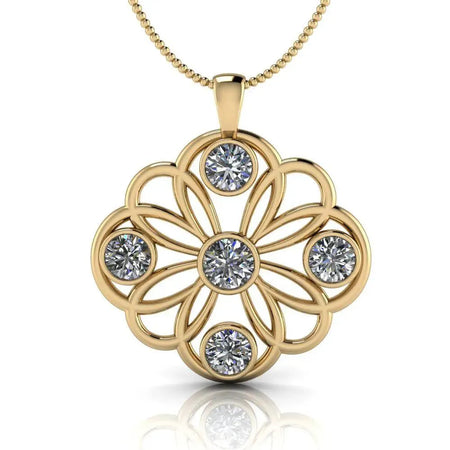 Gold pendant necklace with openwork floral design and five round diamonds