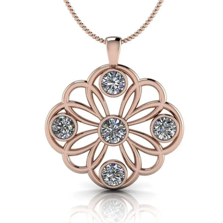 Rose gold pendant necklace with floral design and five round diamonds