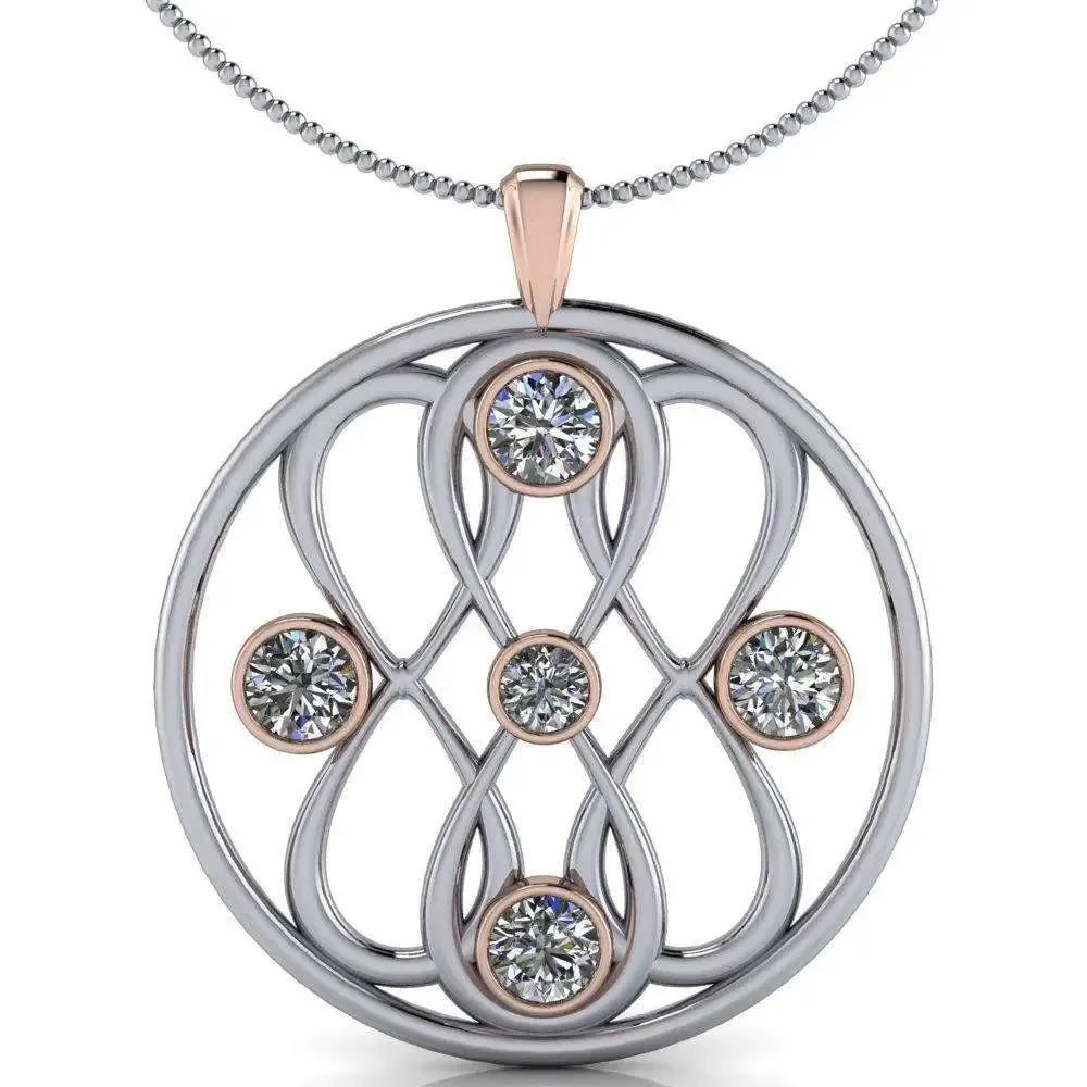 Infinity pendant necklace with five colorless moissanite stones in a round two-tone setting