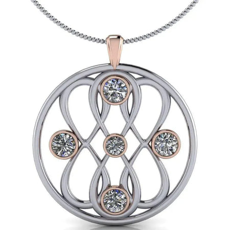 Infinity pendant necklace with five colorless moissanite stones in a round two-tone setting