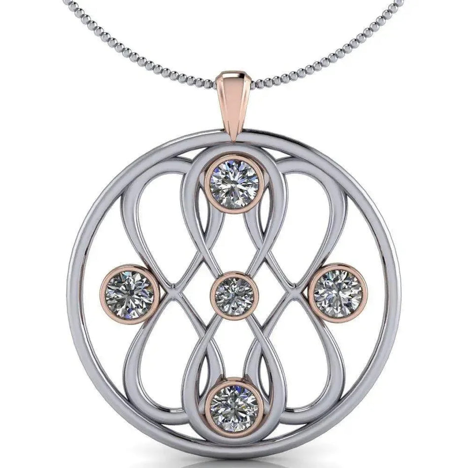 Infinity pendant necklace with five colorless moissanite stones in a round two-tone setting