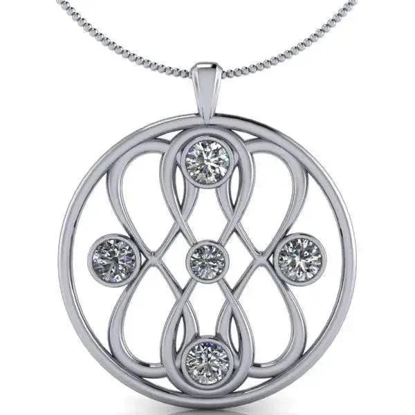 Infinity pendant necklace with round colorless moissanite gems in a silver circular setting
